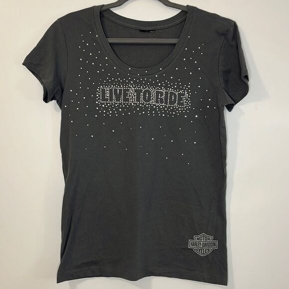 Harley Davidson "Live To Ride" jeweled crystals Gray Short Sleeve T-Shirt Medium - Picture 1 of 6